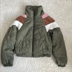 La Hearts Olive Puffer Jacket with Pink and Brown Accents